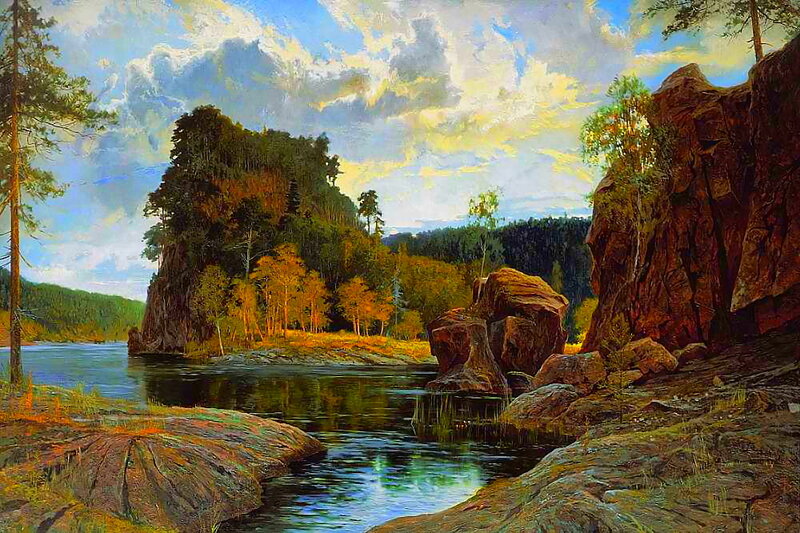River Through Rocky Canyon — Blue, Serene