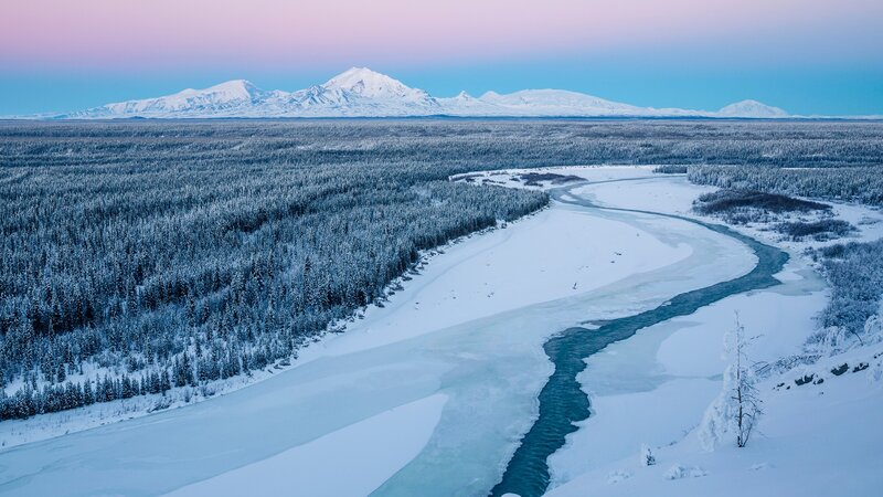 River Through Snowy Forest — Blue, Serene, Winter