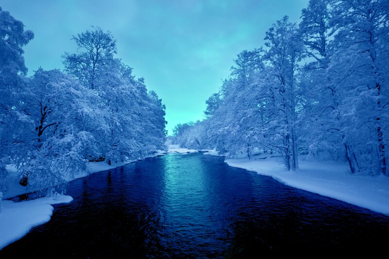 River Through Snowy Forest — Blue
