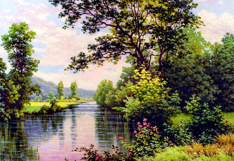 River Through Wooded Landscape — Green, Serene