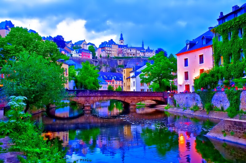 River Town at Dusk — Blue, Serene