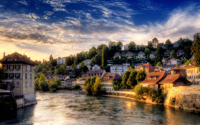 River Town at Sunset — Blue, Serene, Photograph