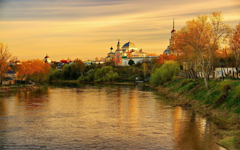 River Town at Sunset — Gold, Serene, Photograph, Church
