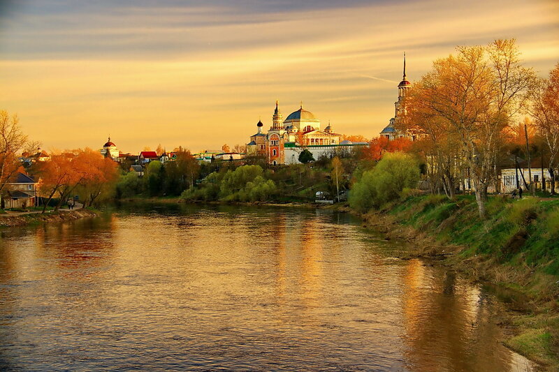 River Town at Sunset — Gold, Serene, Photograph