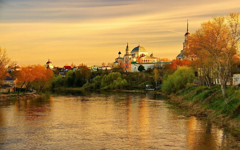 River Town at Sunset — Gold, Serene