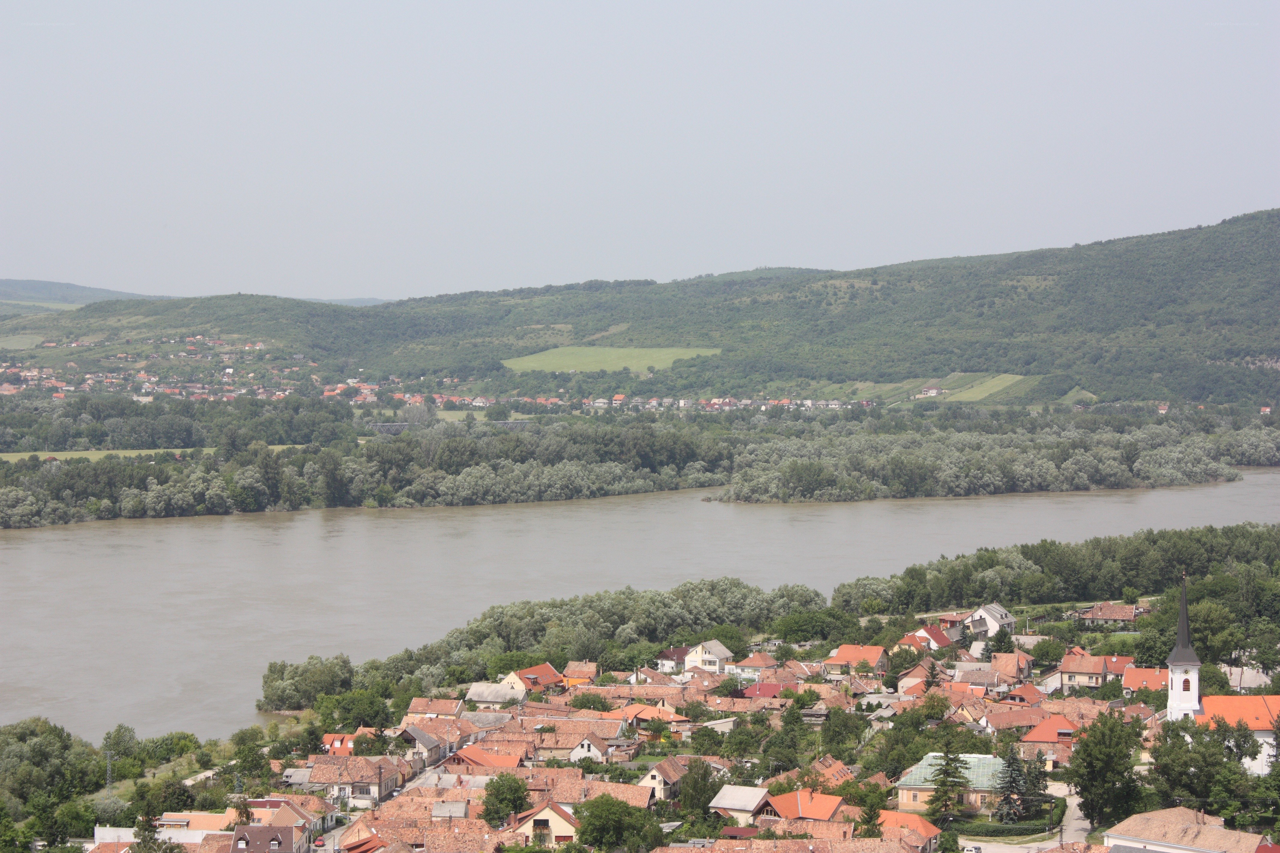 River town in a hilly landscape