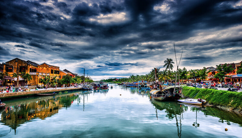 River Town with Boats — Blue