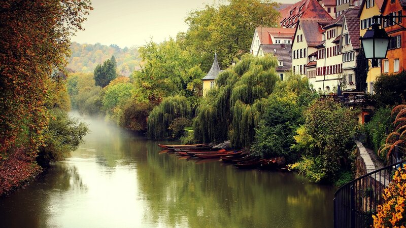 River Town with Boats — Green