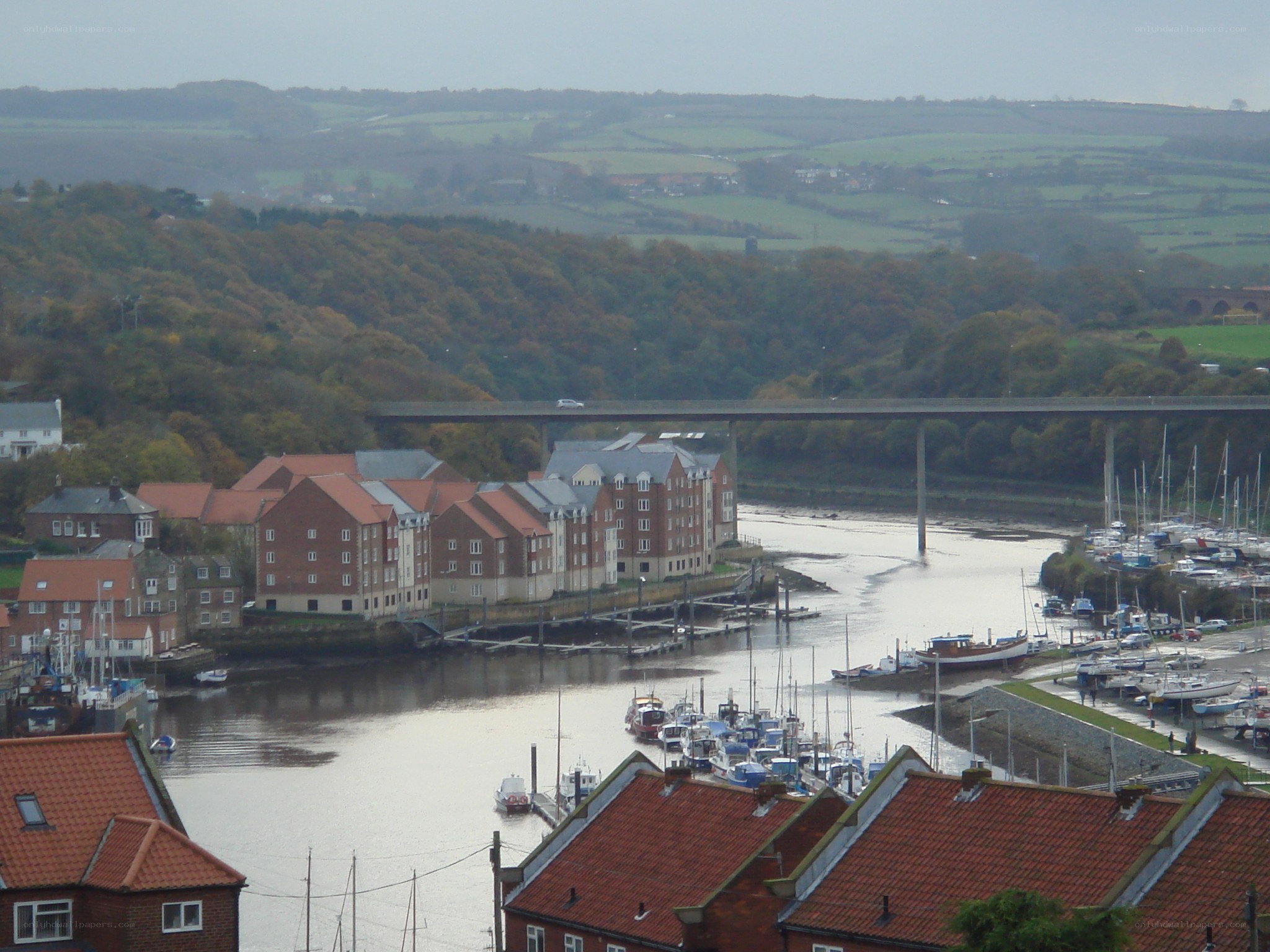 River town with bridge and marina