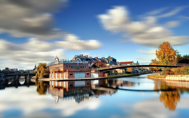 River Town with Bridge — Blue, Serene, Autumn