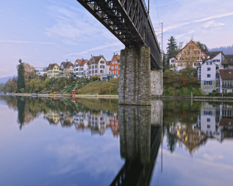 River Town with Bridge — Blue, Serene