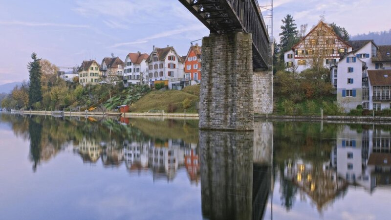 River Town with Bridge — Blue