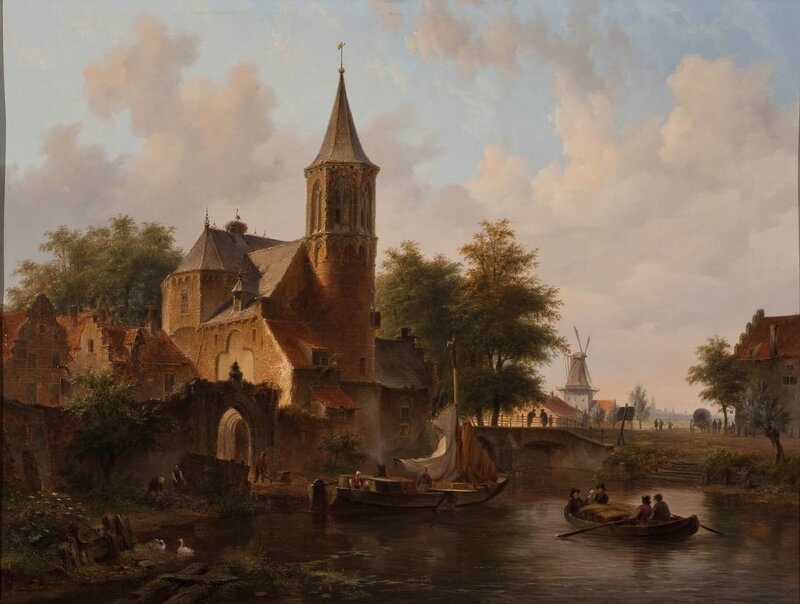 River town with church and windmill