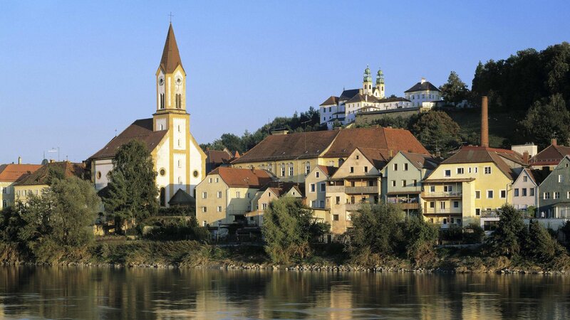 River Town with Church — Blue, Serene