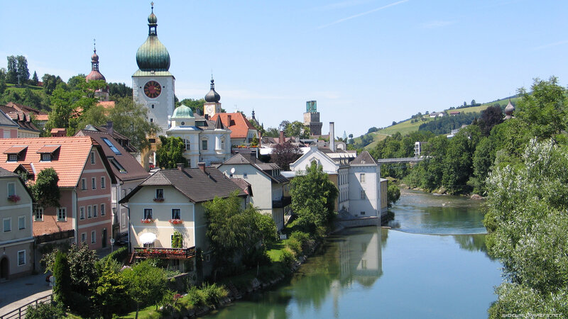 River Town with Church — Blue
