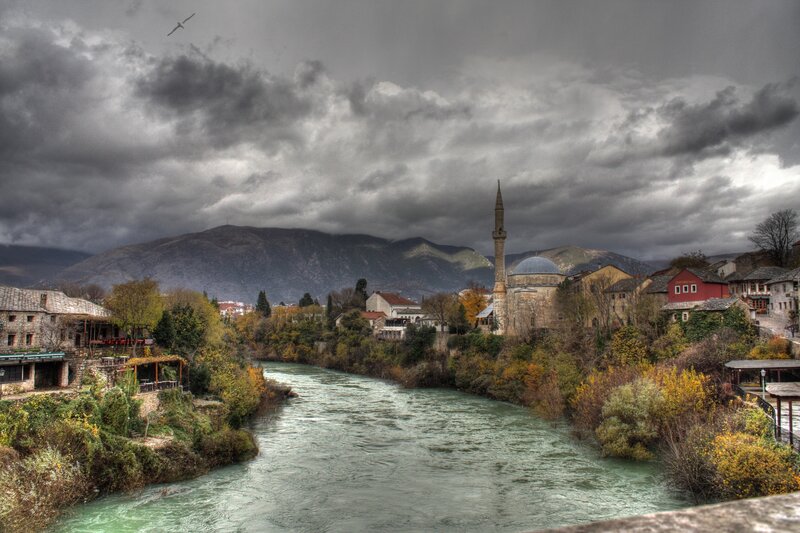 River Town with Mosque — Gray