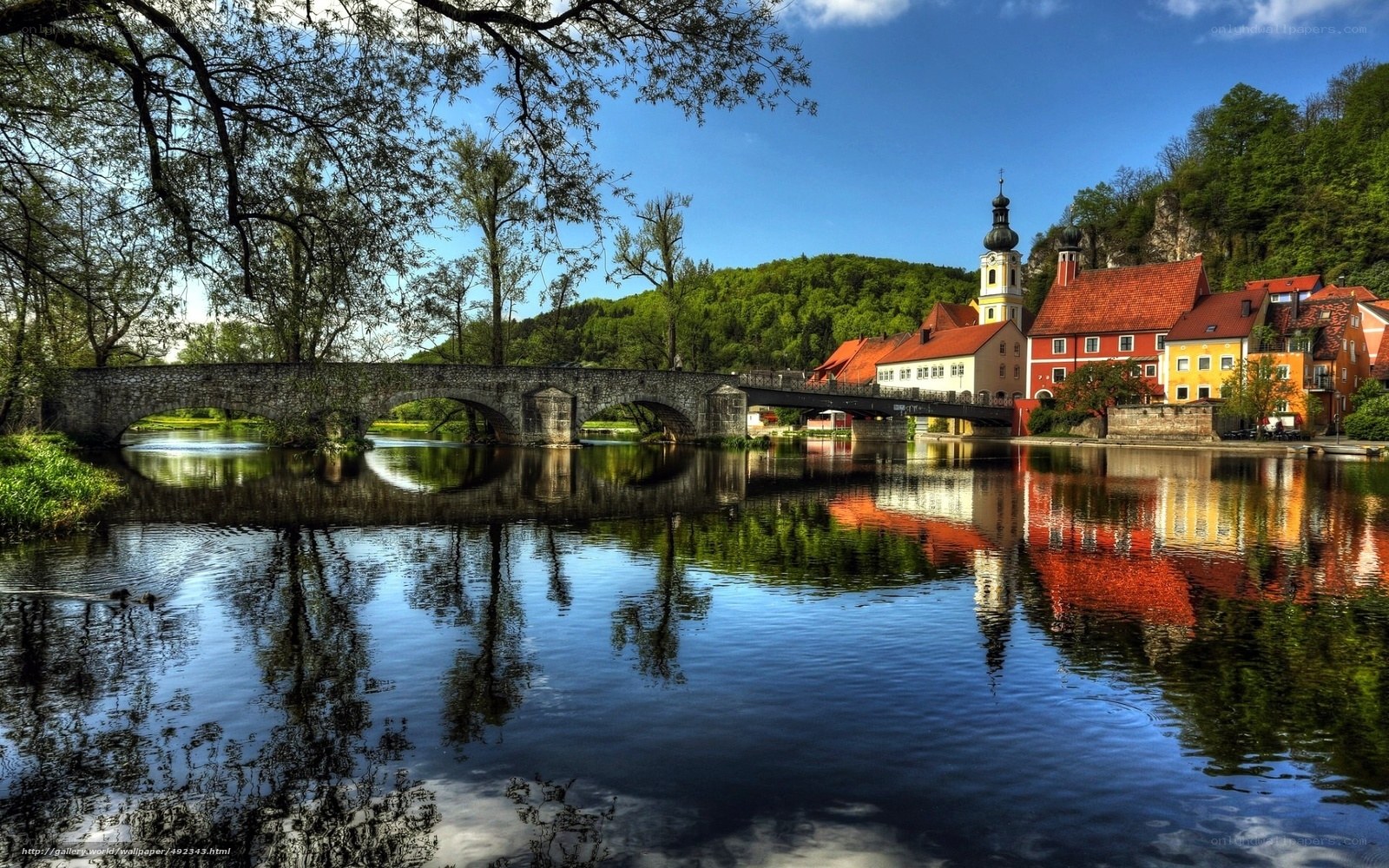 River town with stone bridge