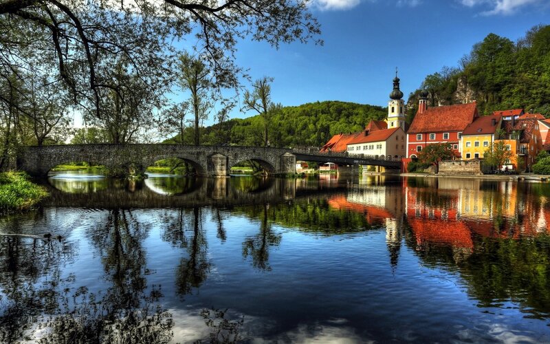 River town with stone bridge