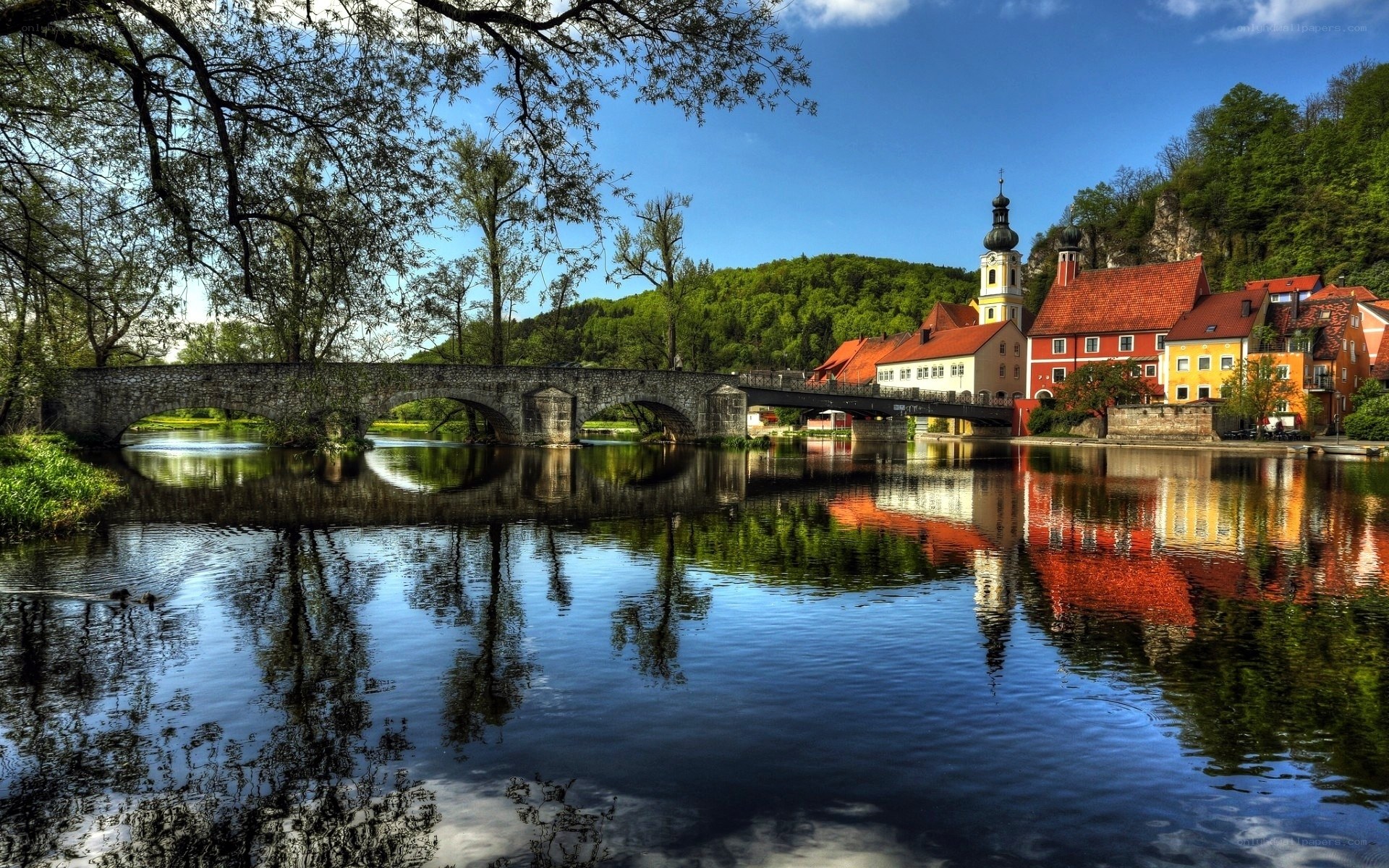 River town with stone bridge