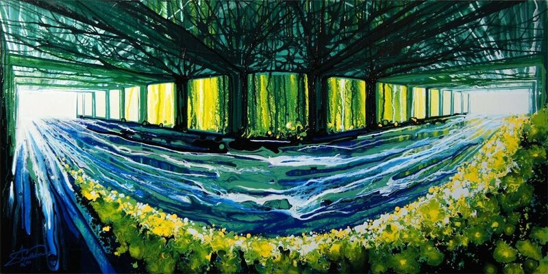 River under Bridge — Green, Serene, Morning