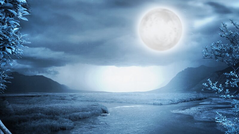 River under Full Moon — Blue