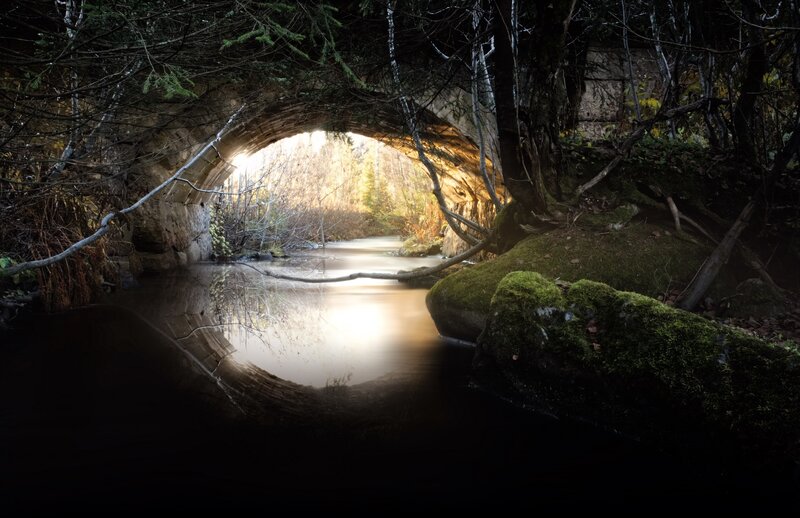 River under Stone Bridge — Green, Serene, Autumn