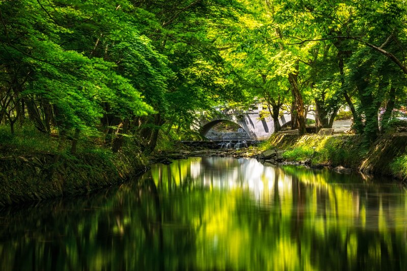 River under Stone Bridge — Green, Serene