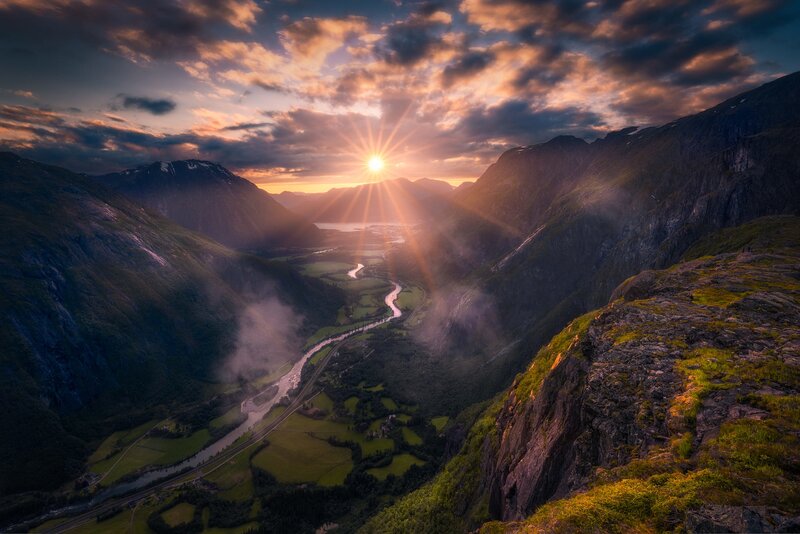 River Valley at Sunset — Orange, Dramatic, Photograph, Mountains