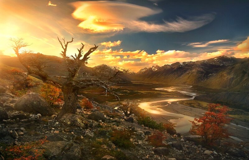 River Valley at Sunset — Orange, Dramatic, Photograph