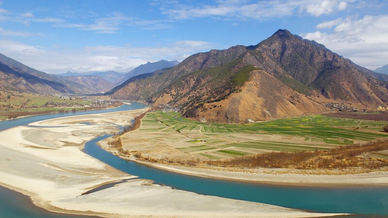 River Valley Landscape — Blue, Serene, Afternoon, Photograph, Mountains, Fields, Village