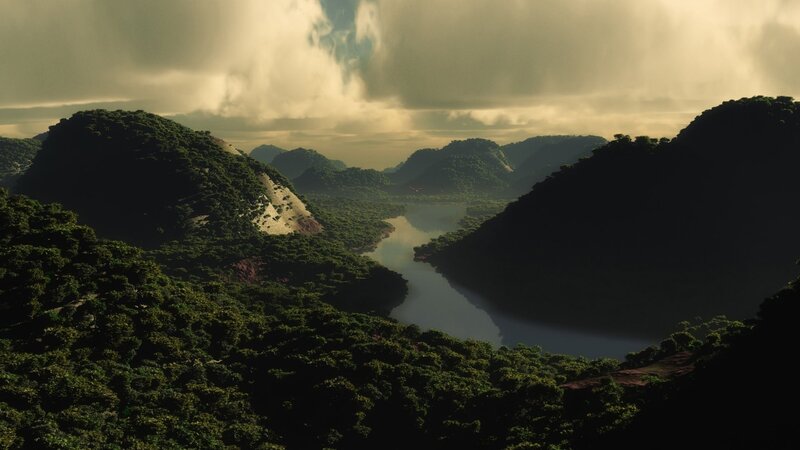 River Valley Landscape — Green, Dramatic, Afternoon, 3d Render, Mountains, Forest