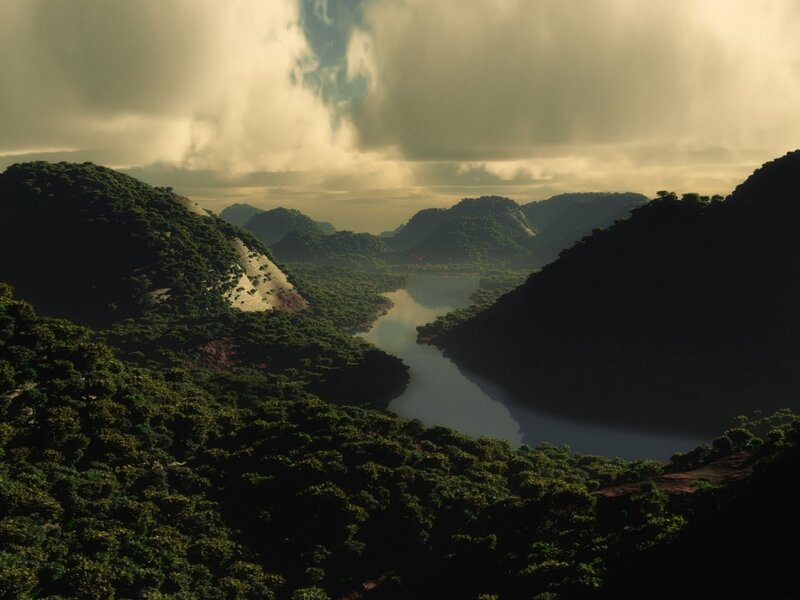 River Valley Landscape — Green, Dramatic, Afternoon, 3d Render, Mountains