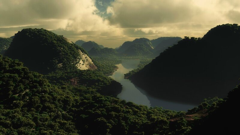 River Valley Landscape — Green, Dramatic, Afternoon, 3d Render