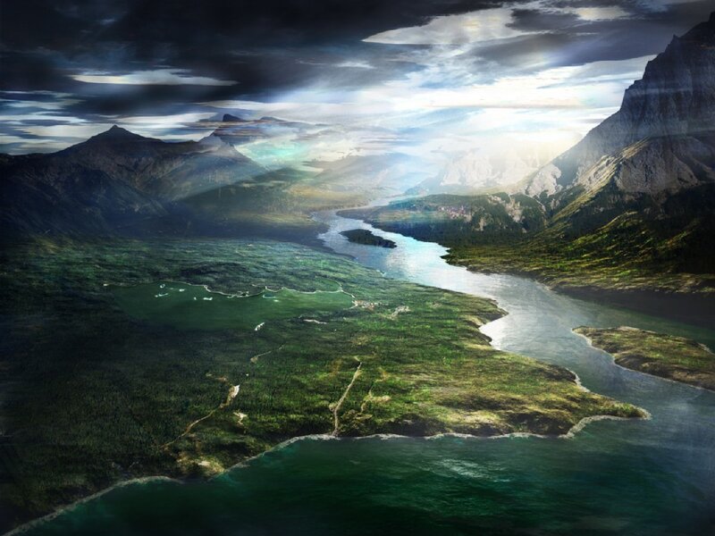 River Valley Landscape — Green, Dramatic, Afternoon, Digital Art, Mountains, Forest, Blue, Gray