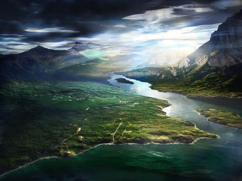 River Valley Landscape — Green, Dramatic, Afternoon, Digital Art, Mountains, Forest, Blue
