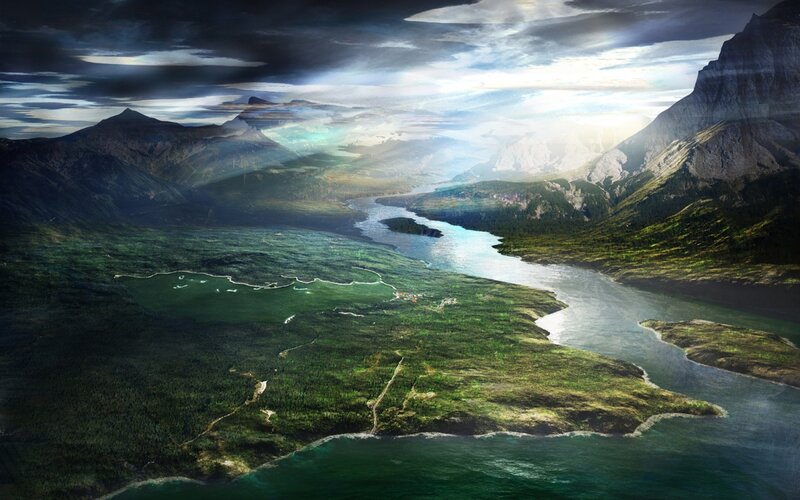 River Valley Landscape — Green, Dramatic, Afternoon, Digital Art