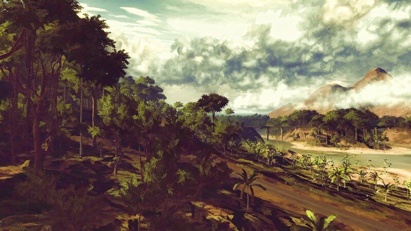River Valley Landscape — Green, Dramatic, Afternoon, Digital Art, Trees