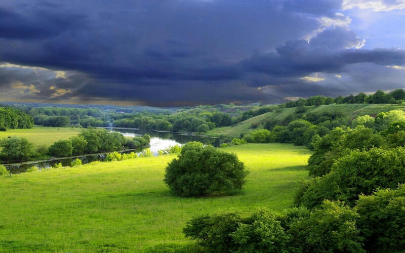 River Valley Landscape — Green, Dramatic, Afternoon, Photograph, Hills, Trees