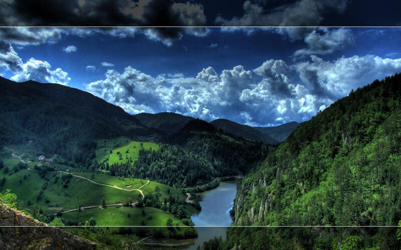 River Valley Landscape — Green, Dramatic, Afternoon, Photograph, Mountains, Clouds