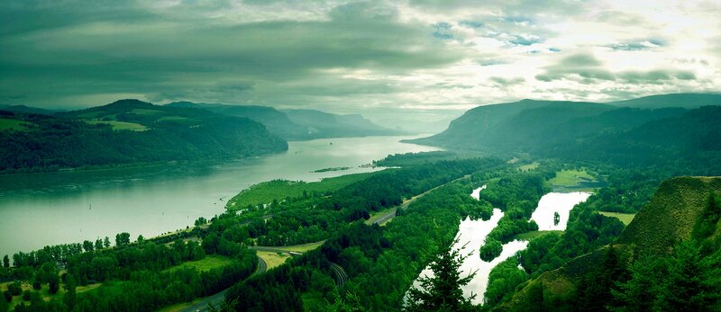 River Valley Landscape — Green, Dramatic, Afternoon, Photograph, Mountains, Road