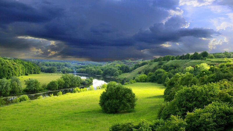 River Valley Landscape — Green, Dramatic, Afternoon, Photograph, Trees, Clouds