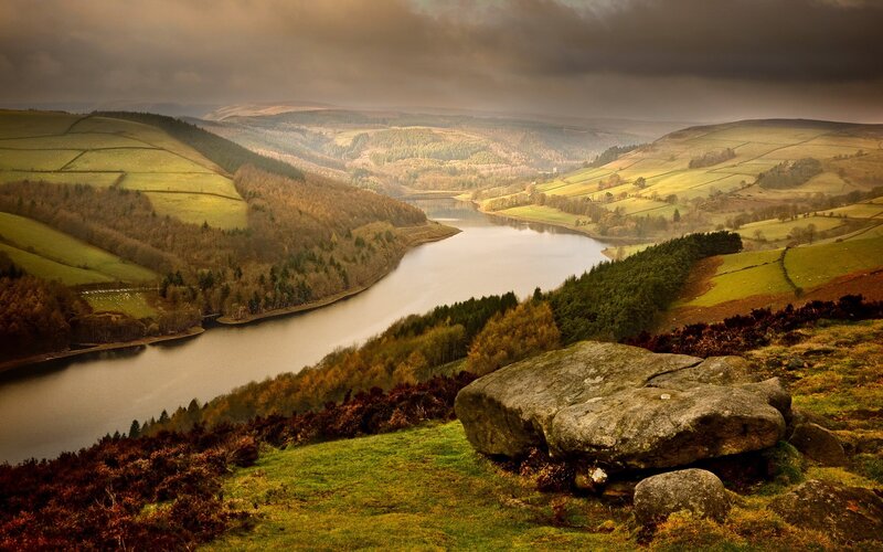 River Valley Landscape — Green, Dramatic, Autumn, Photograph, Hills, Trees, Rock, Brown