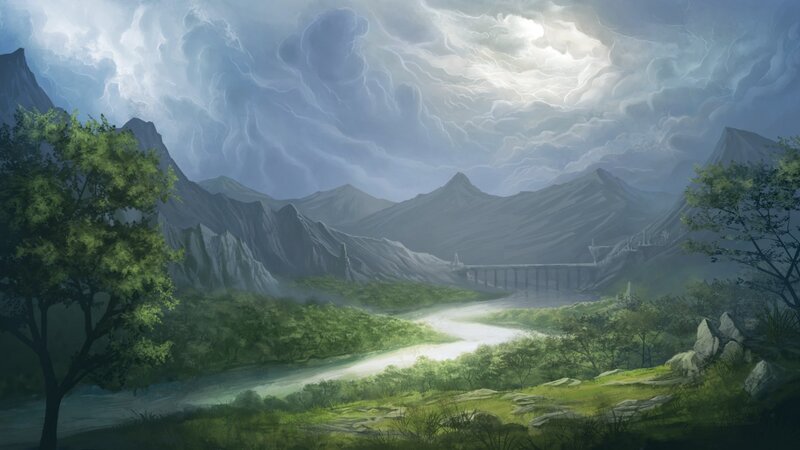 River Valley Landscape — Green, Dramatic, Digital Art