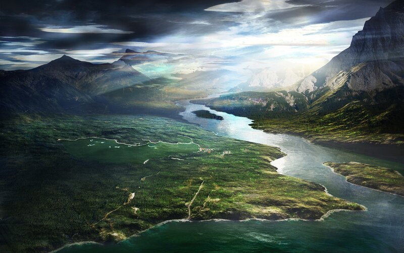 River Valley Landscape — Green, Dramatic, Morning, Digital Art