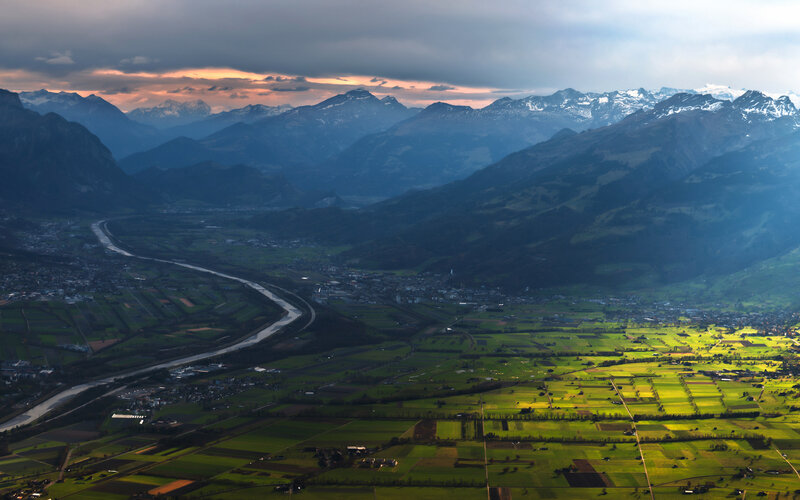 River Valley Landscape — Green, Dramatic, Sunset, Photograph, Mountains, Fields