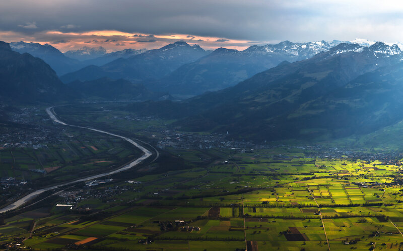 River Valley Landscape — Green, Dramatic, Sunset