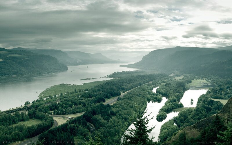River Valley Landscape — Green, Overcast, Photograph