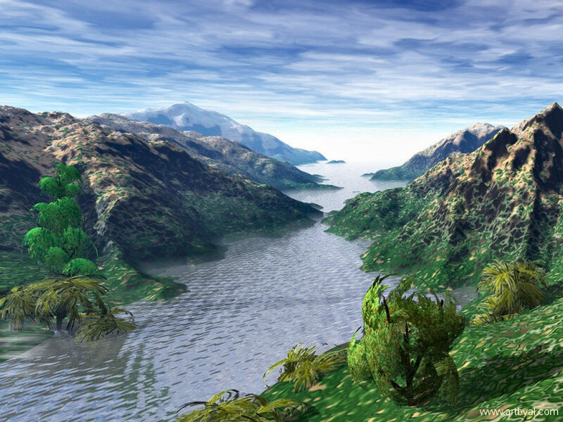 River Valley Landscape — Green, Serene, Afternoon, 3d Render, Mountains, Trees