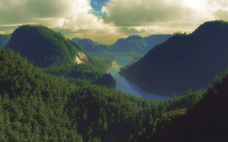 River Valley Landscape — Green, Serene, Afternoon, Digital Art