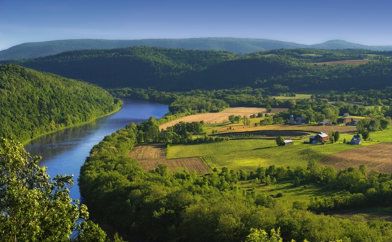 River Valley Landscape — Green, Serene, Afternoon, Photograph, Farmland
